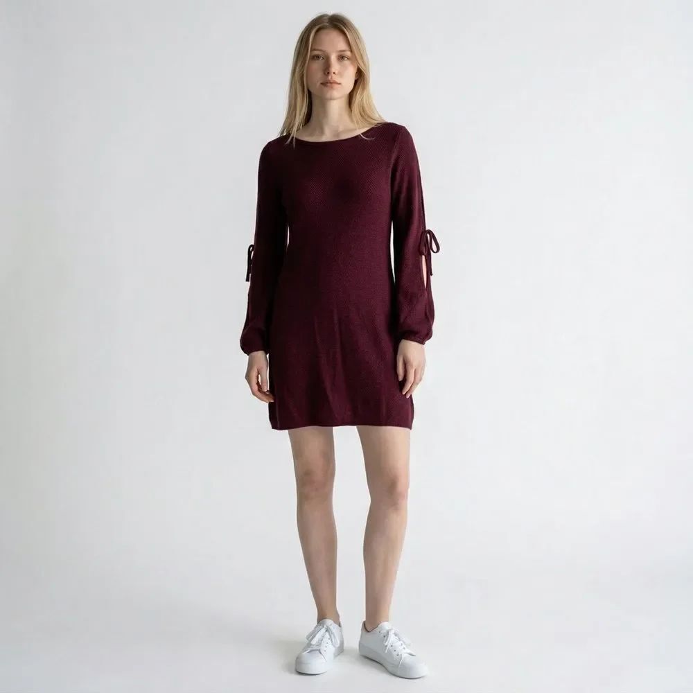 American Eagle Outfitters solid Burgundy Tie Long Sleeve Mini Sweater Dress M